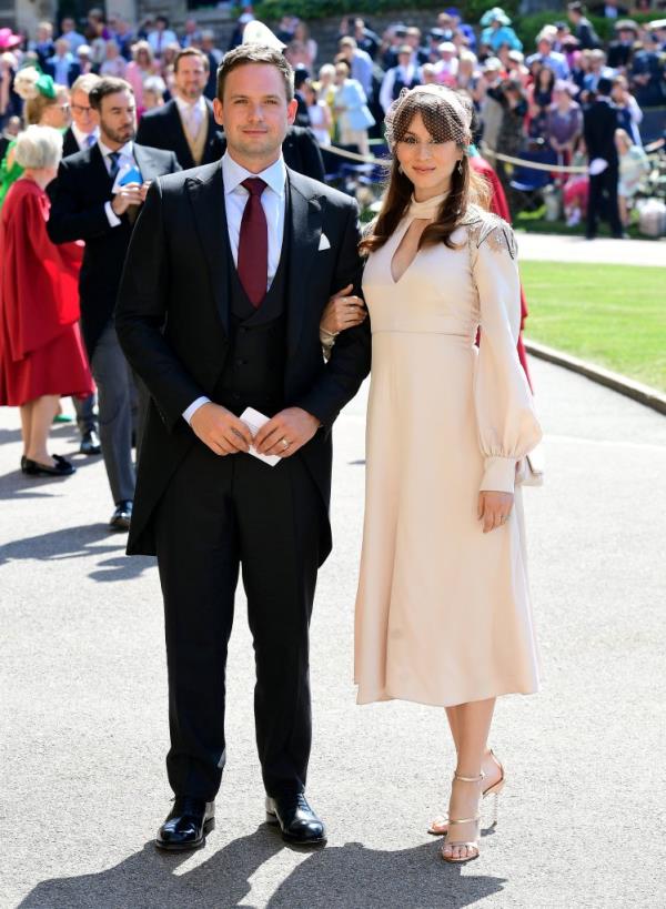 Patrick J. Adams and wife Troian Bellisario arrive at St George's Chapel at Windsor Castle for Harry and Meghan's wedding.