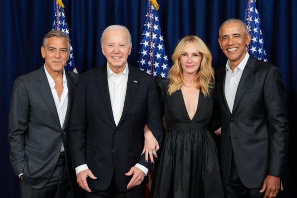 From left; actor George Clooney, President Joe Biden, actor Julia Roberts, former President Barack Obama pose at a campaigner fundraiser in June 2024, in a photo posted to Twitter