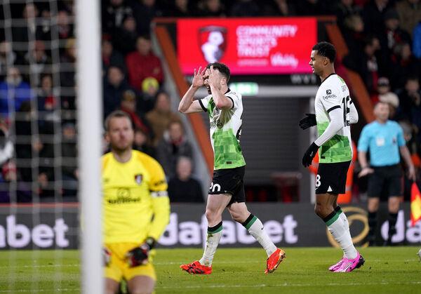 Liverpool's Diogo Jota celebrates his first goal. Photo credit: Andrew Matthews/PA Wire. Liverpool's Diogo Jota celebrates his first goal. Photo credit: Andrew Matthews/PA Wire.