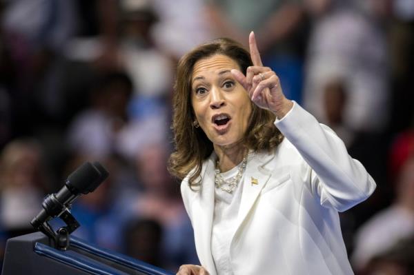 Vice President Kamala Harris, the Democratic presidential nominee, speaking at a campaign rally in Savannah, Georgia on August 29, 2024