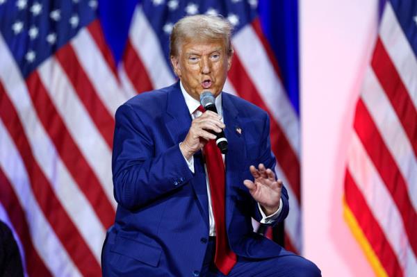 Donald Trump, former US President and Republican presidential candidate, speaking during a town hall meeting at La Crosse Center, Wisconsin, on August 29, 2024