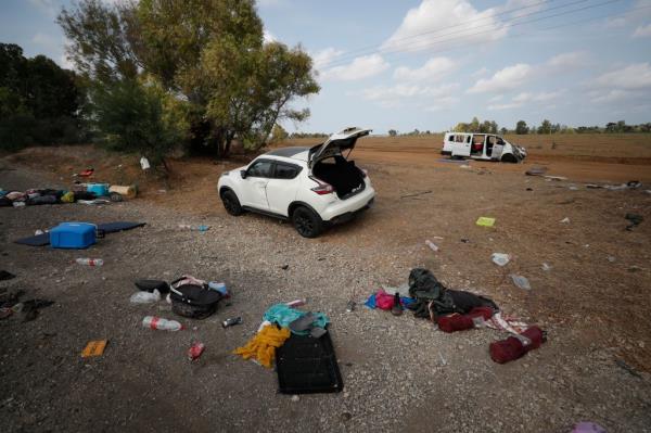 Debris left at the ground of Supernova music festival where 260 people were killed by Hamas.