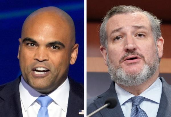 Combination photo of Rep. Colin Allred in Chicago on August 22, 2024 and Sen. Ted Cruz on Capitol Hill in Washington on September 27, 2023
