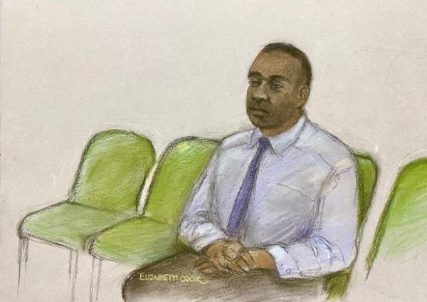 Courts artist sketch by Elizabeth Cook of Mark Gordon appearing at the Old Bailey