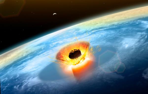Illustration of a large asteroid colliding with Earth on the Yucatan Peninsula in Mexico