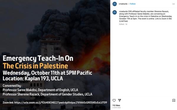 social media post for "Emergency Teach-In on the Crisis in Palestine"
