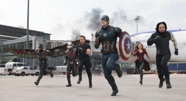 Anthon Mackie, Paul Rudd, Jeremy Renner, Chris Evans, Elizabeth Olsen and Sebastian Stan in "Captain America: Civil War"