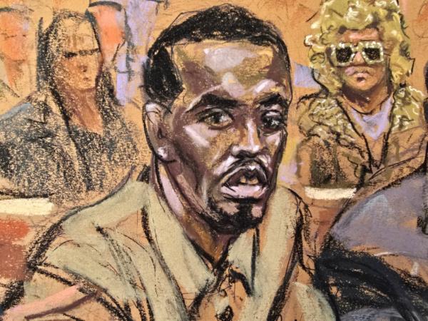Sean 'Diddy' Combs', with his mom seated in the back, attends a hearing in federal court in the Manhattan borough of New York City, U.S., October 10, 2024 in this courtroom sketch.