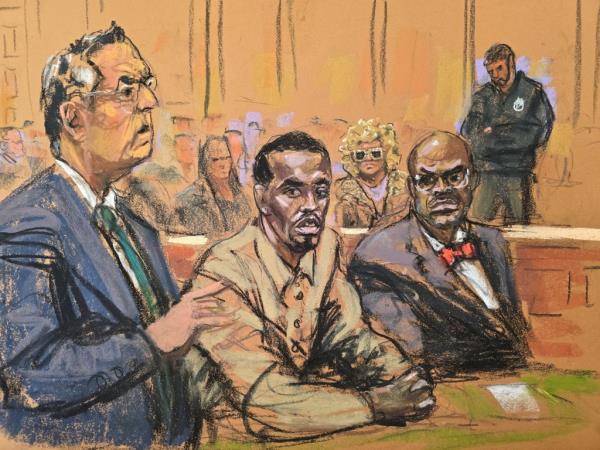 Sean 'Diddy' Combs' accompanied by attorneys Marc Agnifilo and Anthony Ricco, attends a hearing in federal court in the Manhattan borough of New York City, U.S., October 10, 2024 in this courtroom sketch.