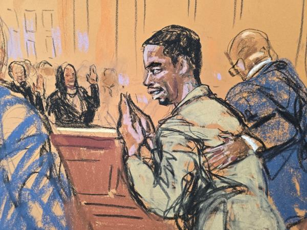 Sean 'Diddy' Combs' bows and waves back to friends and family who wave at him as he attends a hearing in federal court in the Manhattan borough of New York City, U.S., October 10, 2024 in this courtroom sketch.