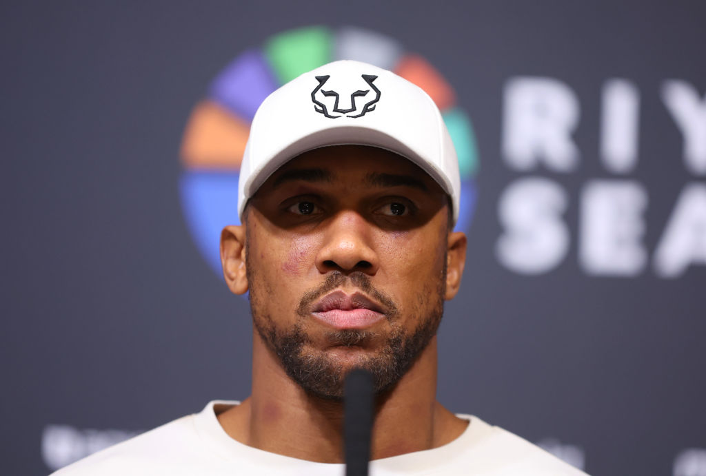 Anthony Joshua speaks to the media during a post fight press conference after the IBF World Heavyweight Title fight between Daniel Dubois and Anthony Joshua