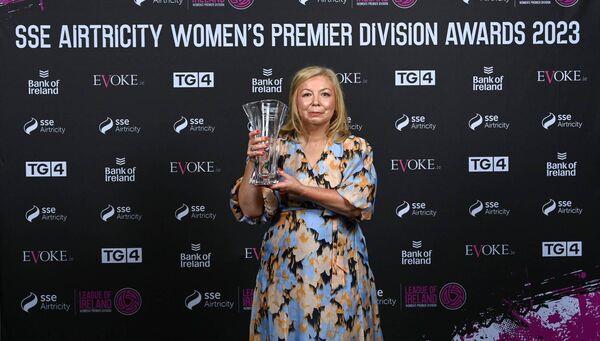 SERVICES AWARD: Peamount United's Katie Thompson accepts her Services to Women's Football award and also on behalf of Elaine Harrington. Pic:Stephen McCarthy/Sportsfile 