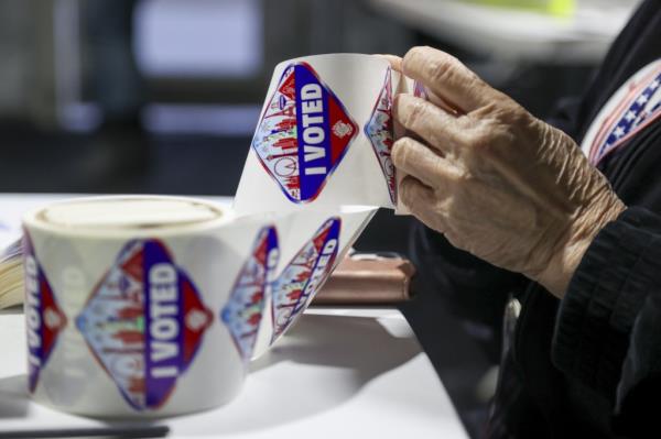 "I Voted" stickers at a polling station at Thunderbird Family Sports Complex in Las Vegas, Nevada, US, on Tuesday, Feb. 6, 2024.