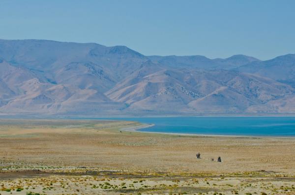 Nevada, Washoe County, Pyramid Lake from Lake Mountains, Virginia Mountains background.