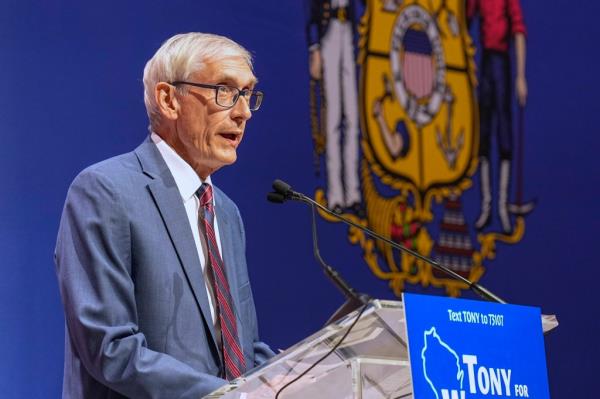 Wisconsin Democratic Gov. Tony Evers makes his acceptance speech on Nov. 9,