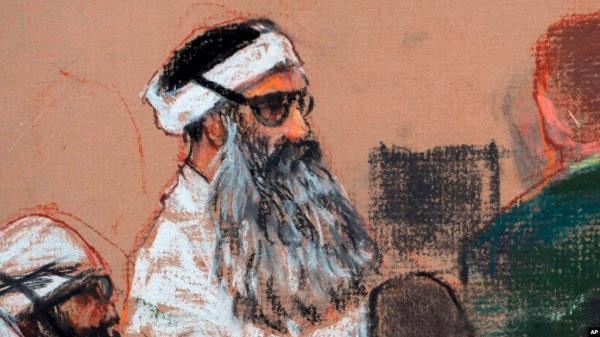 FILE - This Dec. 8, 2008, courtroom drawing by artist Janet Hamlin shows Khalid Sheikh Mohammed, center, and co-defendant Walid Bin Attash, left, attending a pre-trial session at Guantanamo Bay Naval base, Cuba. 