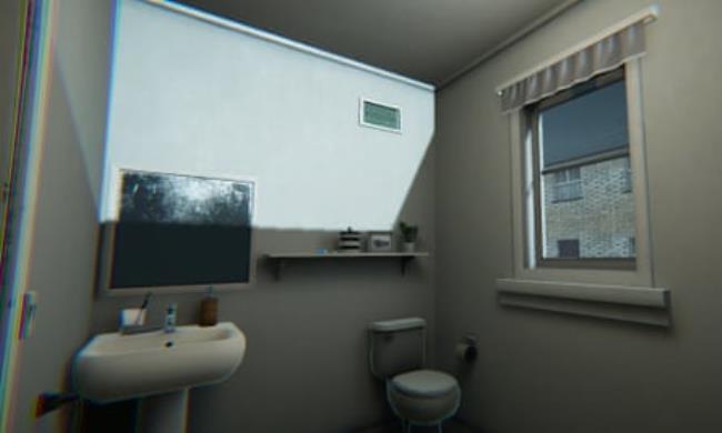 CGI bathroom with a sink, mirror, toilet and window.