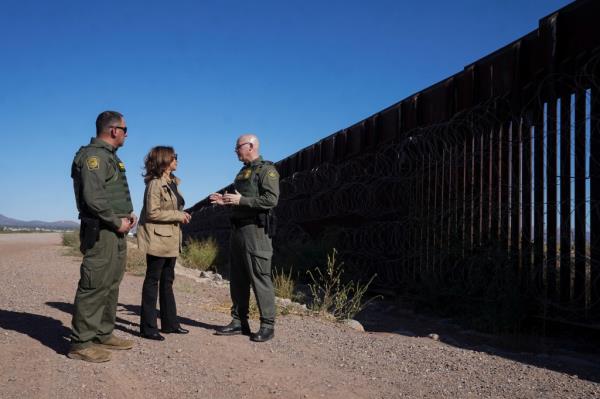 U.S. Vice President and Democratic Presidential nominee Kamala Harris touring the border wall with Border Patrol agents in Tucson, Arizona, September 27, 2024.