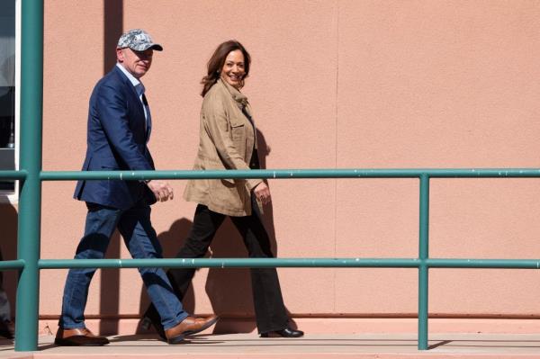 US Senator Mark Kelly and Vice President Kamala Harris arriving at the Bisbee Douglas International Airport in Douglas, Arizona