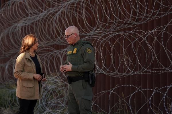 Democratic presidential nominee and U.S. Vice President Kamala Harris tours the border wall with a Border Patrol agent, near Tucson, Arizona, U.S., September 27, 2024.