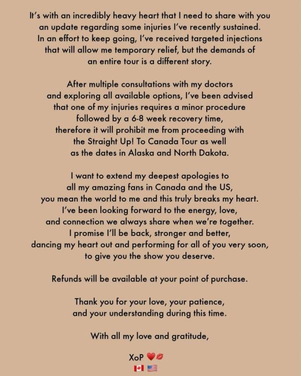 Paula Abdul's statement on Instagram about canceling her tour