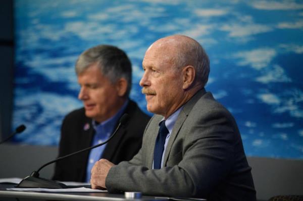 (L-R) Steve Stich, manager, Commercial Crew Program, and Ken Bowersox, associate administrator, NASA's Space Operations Mission Directorate, speak during a press conference on the ISS Crew-9 mission, at Johnson Space Center in Houston, Texas, on July 26, 2024. 