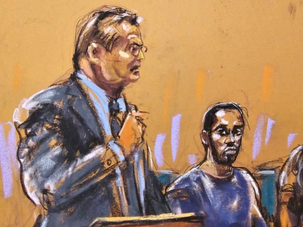 Sketch of Sean 'Diddy' Combs sitting next to his defense lawyer Marc Agnifilo during a bail hearing in Manhattan federal court, New York City
