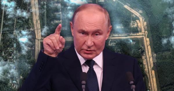 Putin is seen pointing his finger in a photo. Behind him is a destroyed ammunition depot 