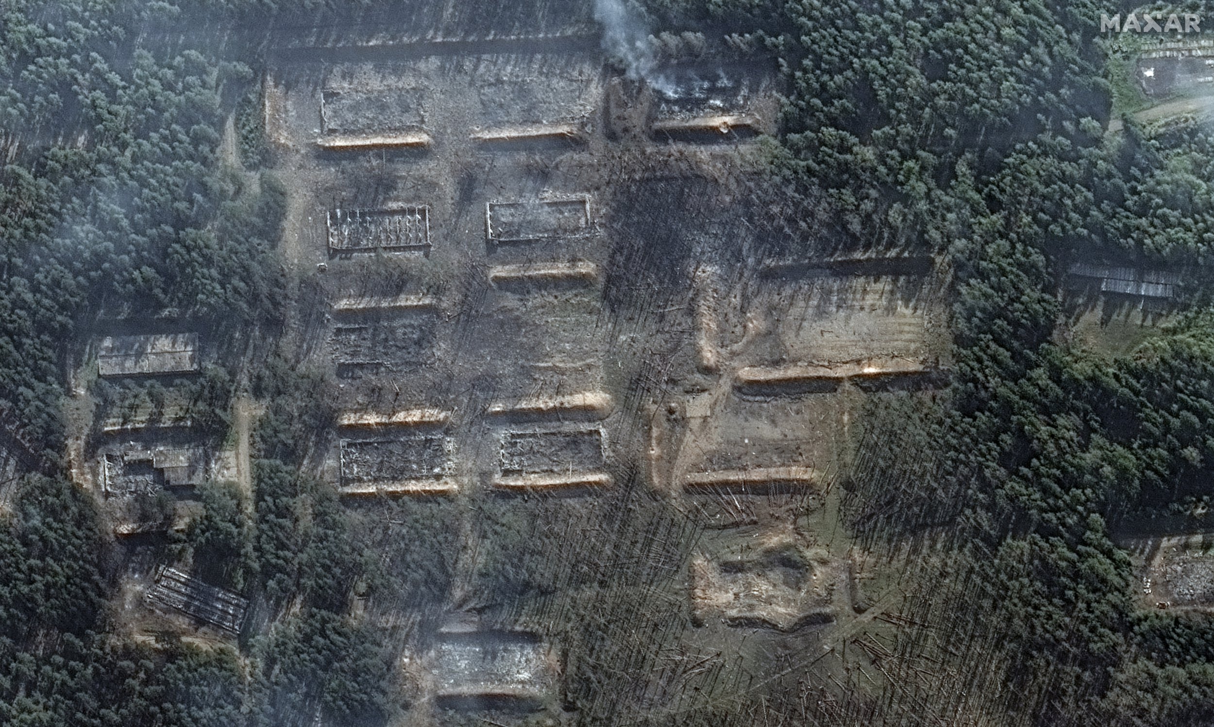An overview of the Oktyabrski ammunition depot after it was bombed