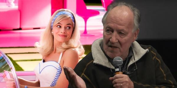 Werner Herzog addressing Barbie in a composite image