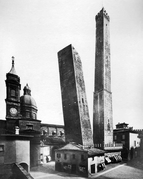 The Garisenda, the shorter of two towers built between 1109 and 1119, currently stands 157 feet to the Asinelli’s 320 feet.