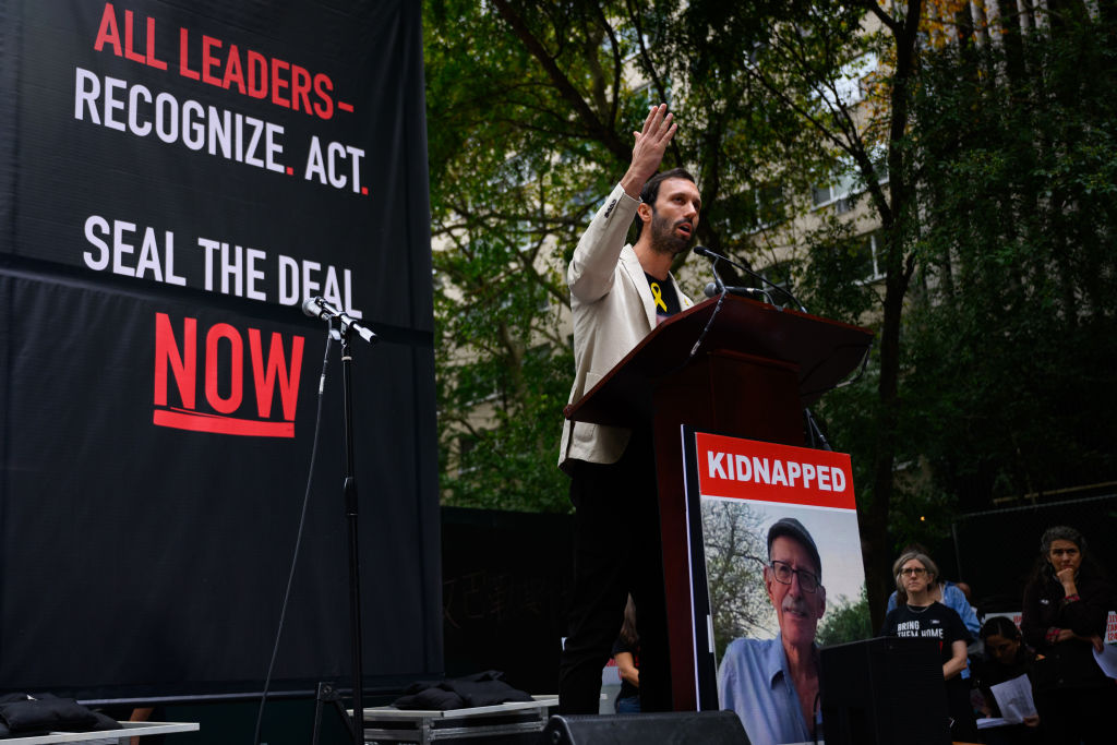 Daniel Lifschitz, grandson of Oded Lifschitz, speaks at a rally calling on the United Nations to do more to release the hostages