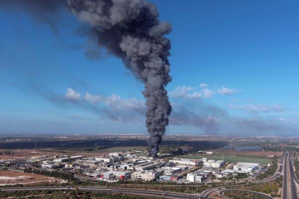 Smoke is seen in the Rehovot area as rockets are launched from the Gaza Strip, in Israel October 7, 2023.