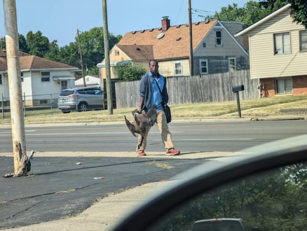 A man carrying a goose.