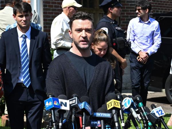 Timberlake addressing a crush of media following Friday's court appearance.