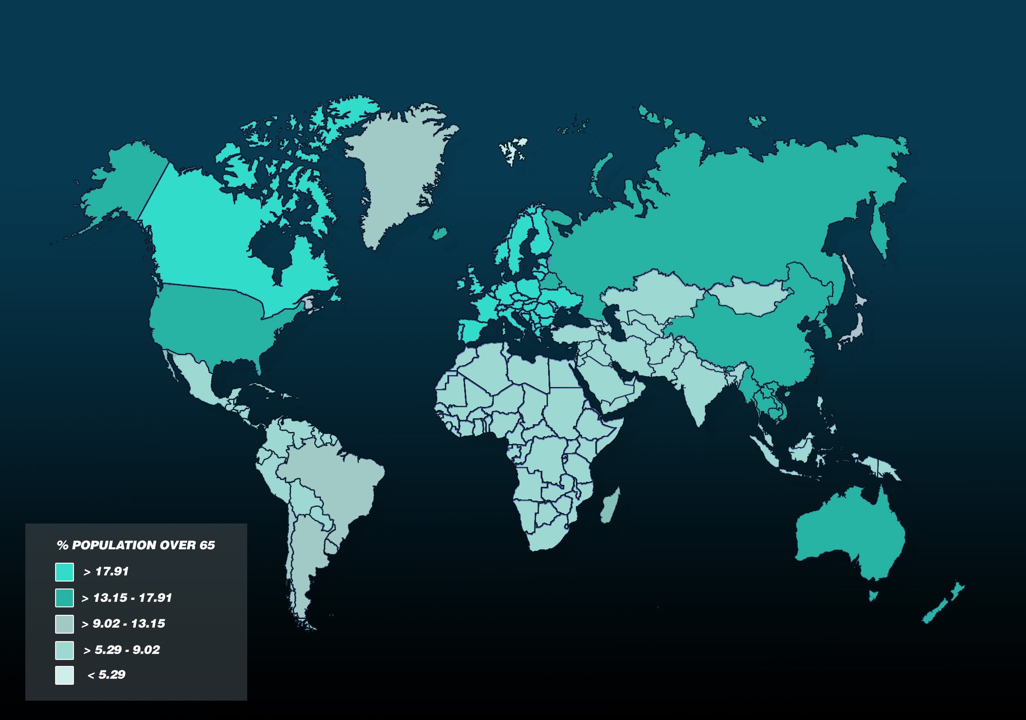 A world map showing population over 65 per country