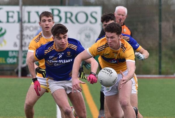 Liam Og O'Connor, Tralee CBS looking to win this breaking ball from Paul Kelly, Hamilton High School, Bandon during their TUS Corn Uí Mhuirí group 4 match at Banteer Picture Dan Linehan Liam Og O'Connor, Tralee CBS looking to win this breaking ball from Paul Kelly, Hamilton High School, Bandon during their TUS Corn Uí Mhuirí group 4 match at Banteer Picture Dan Linehan