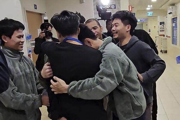 Thai hostages, who were previously released, hug their newly-freed compatriots at the Shamir Medical Center in Israel. Picture: Thailand's Foreign Ministry via AP Thai hostages, who were previously released, hug their newly-freed compatriots at the Shamir Medical Center in Israel. Picture: Thailand's Foreign Ministry via AP