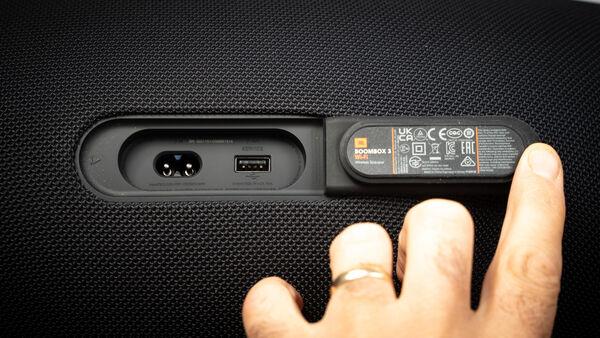 The JBL Boombox 3 Wi-Fi uses a standard figure of 8 cable for charging. Picture: Noel Campion.