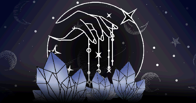 Gif shows celestial hand holding stars over crystals depicting horoscopes for today: Monday September 16, 2024.