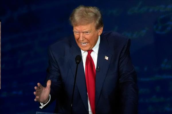 Republican presidential nominee former President Donald Trump speaks during a presidential debate with Democratic presidential nominee Vice President Kamala Harris at the National Constitution Center, Tuesday, Sept.10, 2024, in Philadelphia. 