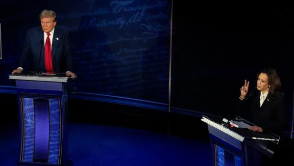 Republican presidential nominee former President Donald Trump and Democratic presidential nominee Vice President Kamala Harris participate during an ABC News presidential debate at the National Constitution Center, Tuesday, Sept.10, 2024, in Philadelphia. 