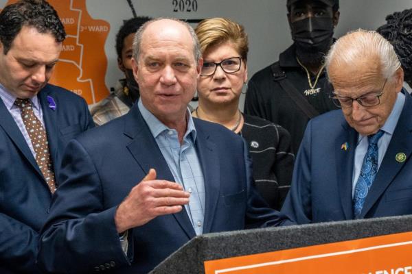 Kevin Slavin, the President and CEO of St. JosephÕs Health, speaks at the Reimagining Justice and Paterson Healing Collective office in Paterson, NJ on Thursday, Jan 19, 2023.