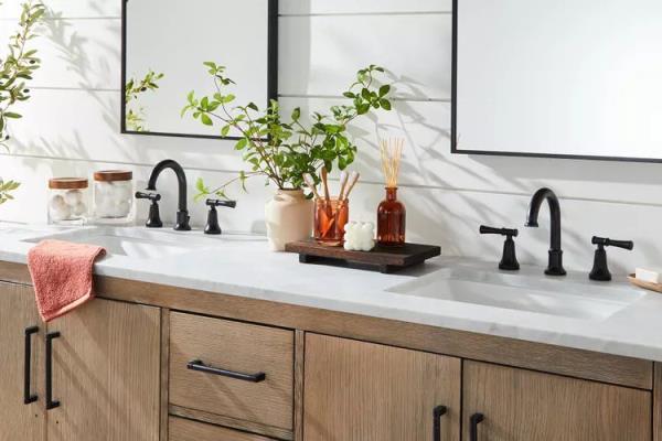 Bathroom counter with decor and plants.