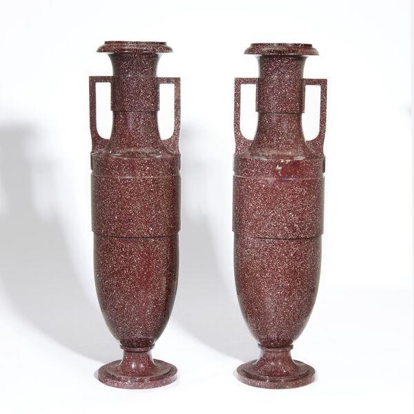 A pair of early 19th-century neoclassical porphyry vases at Christie's. A pair of early 19th-century neoclassical porphyry vases at Christie's.