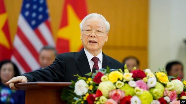 FILE - Vietnam's General Secretary Nguyen Phu Trong delivers remarks at the Communist Party of Vietnam Headquarters, in Hanoi, Sept. 10, 2023.