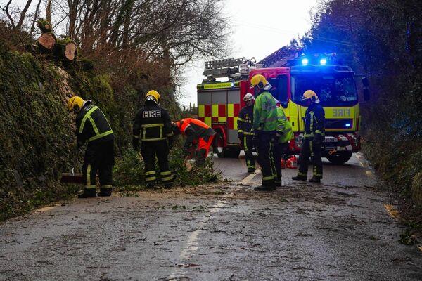 Members of Kerry County Fire Services felling a tree at Kells - just after Gleesk Viaduct, Co Kerry on Sunday. Members of Kerry County Fire Services felling a tree at Kells - just after Gleesk Viaduct, Co Kerry on Sunday.