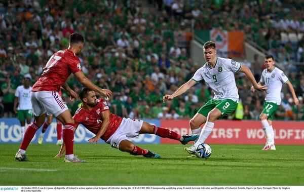 Evan Ferguson of Republic of Ireland in action against John Sergeant of Gibraltar. Photo by Stephen McCarthy/Sportsfile Evan Ferguson of Republic of Ireland in action against John Sergeant of Gibraltar. Photo by Stephen McCarthy/Sportsfile