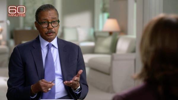 Bill Whitaker speaks with Harris during the Oct. 7 interview.