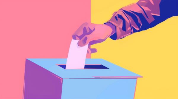 Stylized hand placing a paper ballot into a ballot box for democratic voting concept on a minimalistic background